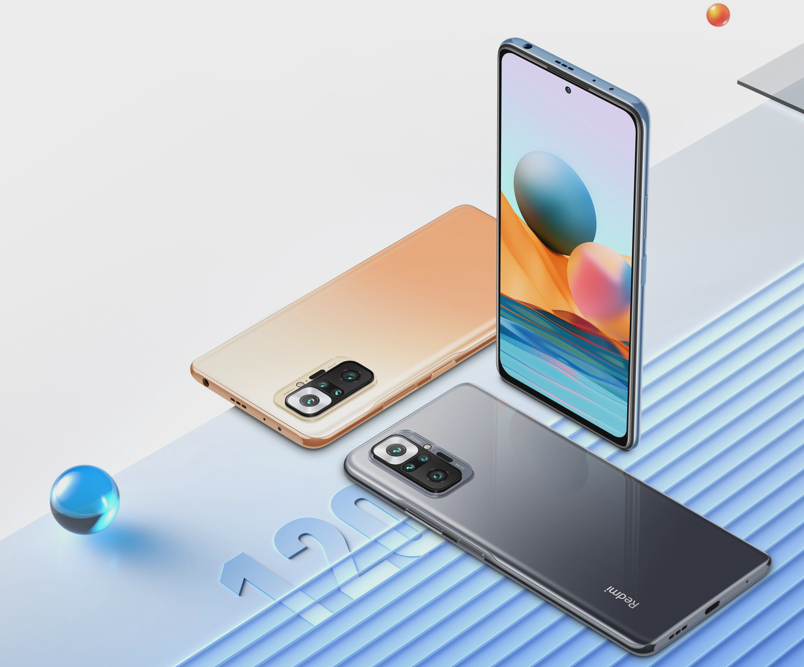 نمای رسمی جلو و پشت گوشی Redmi Note 10 Pro با نمایشگر دارای حفرهٔ دوربین مرکزی