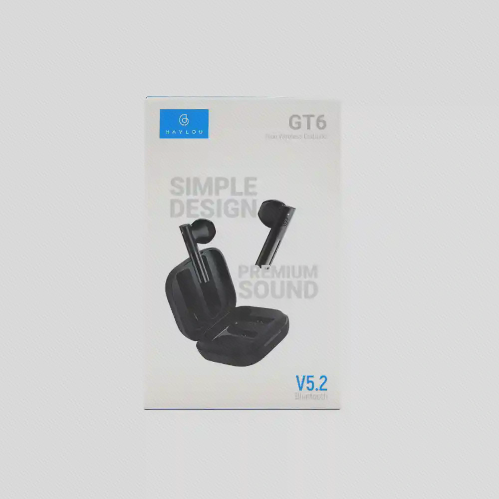 جعبهٔ Haylou GT6 با تصویر کیس و گوشی‌های مشکی و نشان V5.2