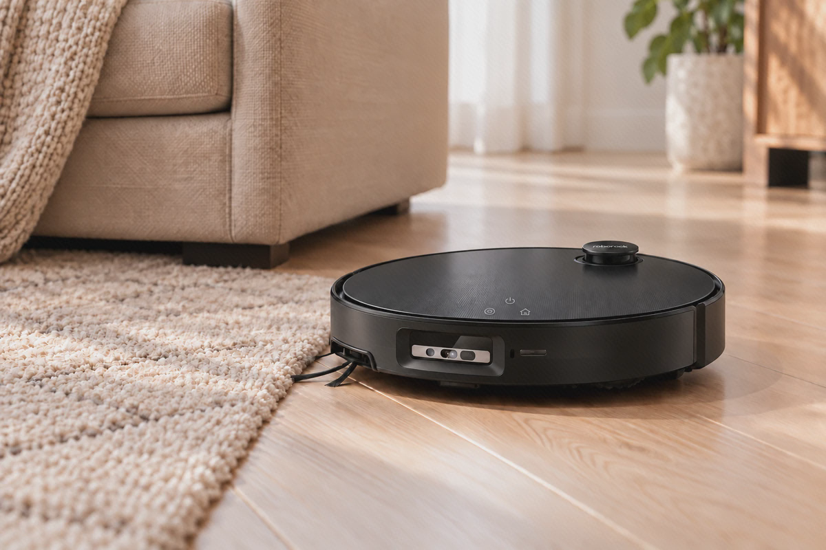 نمای حسگر و ماژول جلوی S9 MaxV Ultra جارو رباتیک مشکی Roborock S9 MaxV Ultra با حسگر بالارفته کنار فرش کمپرز