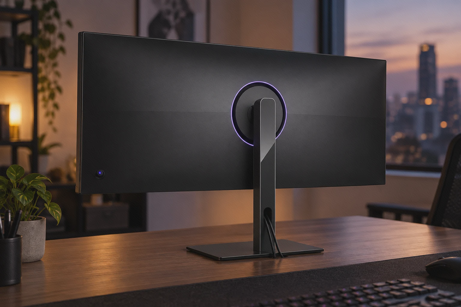 نور پشت بدنه و پایهٔ G34WQi پشت مانیتور G34WQi با حلقهٔ نور و محل عبور کابل پایه