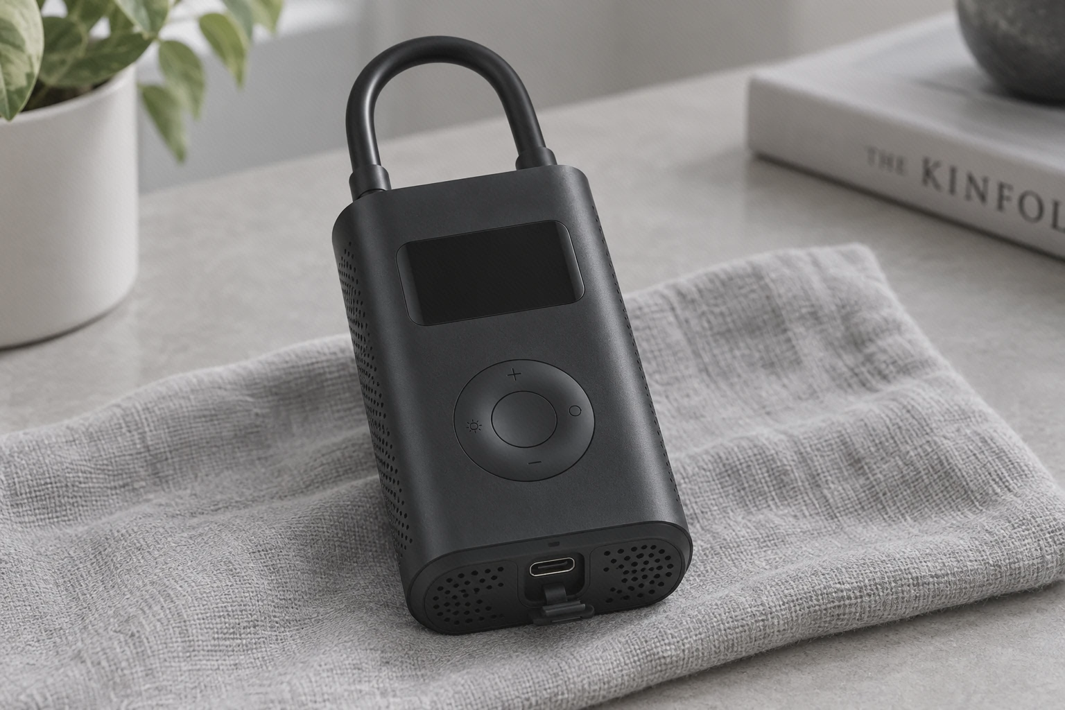 پمپ شیائومی 1S خاموش روی پارچهٔ خاکستری روشن با شلنگ U شکل و درگاه USB-C زیر دستگاه