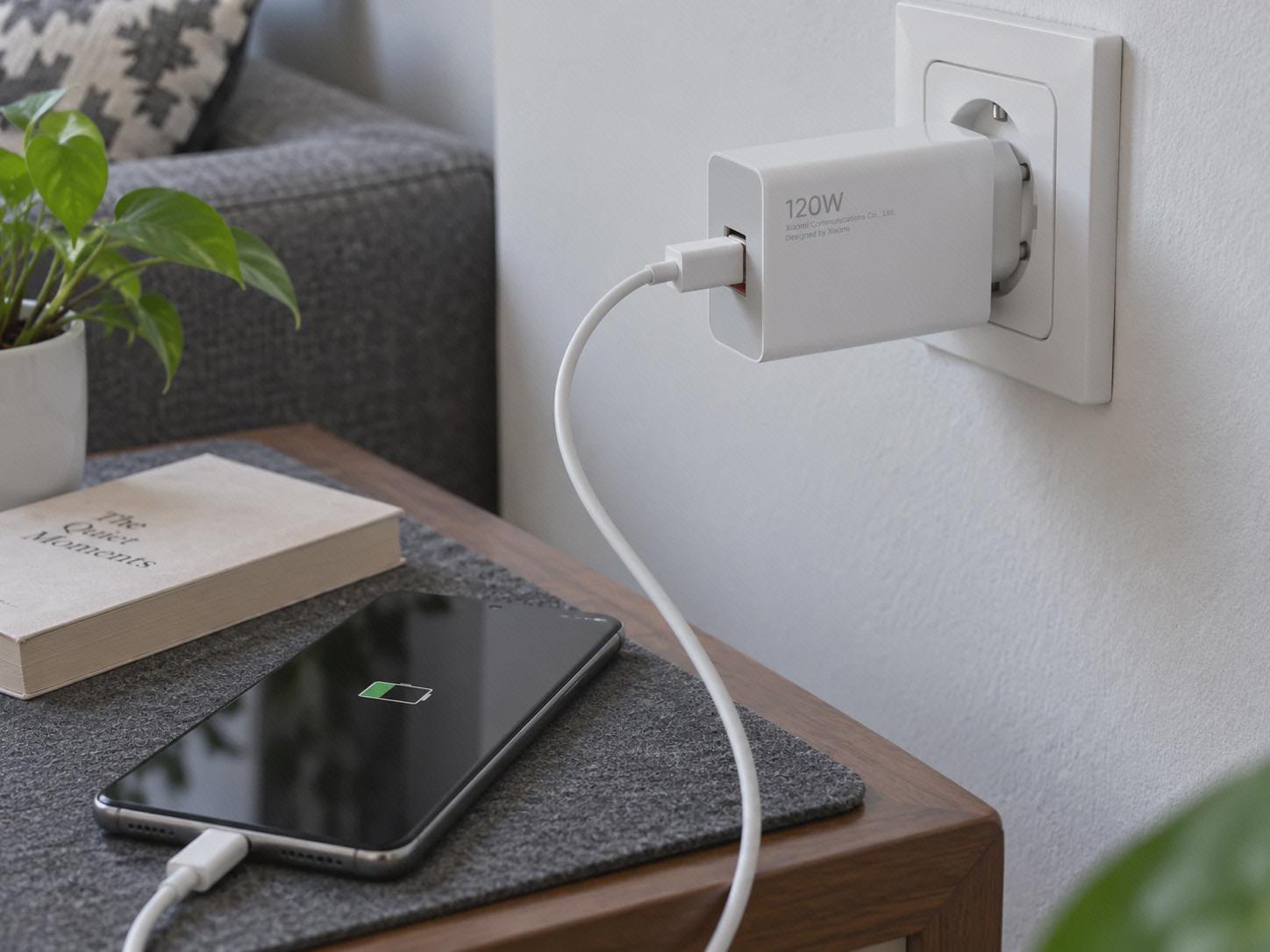 شارژ گوشی با آداپتور ۱۲۰ وات MDY-13-EE و کابل USB-A به USB-C