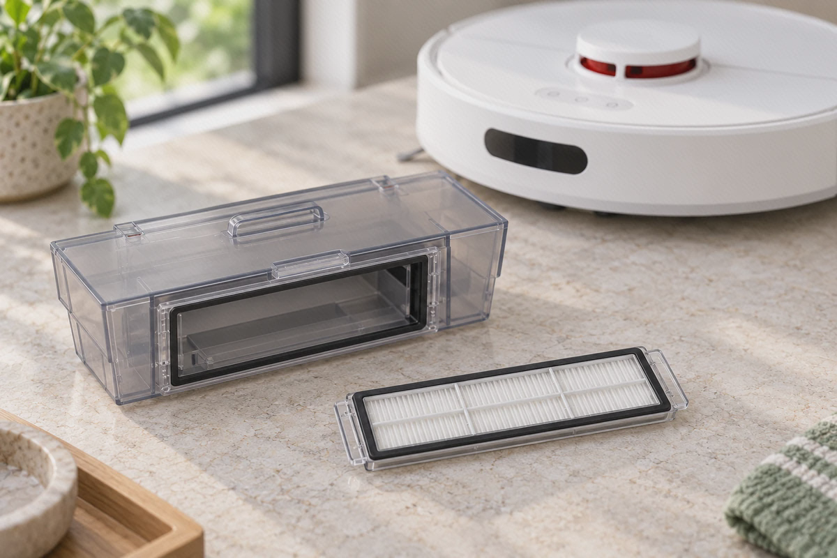 جزئیات فیلتر D10s کنار مخزن زباله فیلتر چیندار دریم D10s با قاب شفاف و نوار مشکی کنار مخزن زباله و جارو سفید