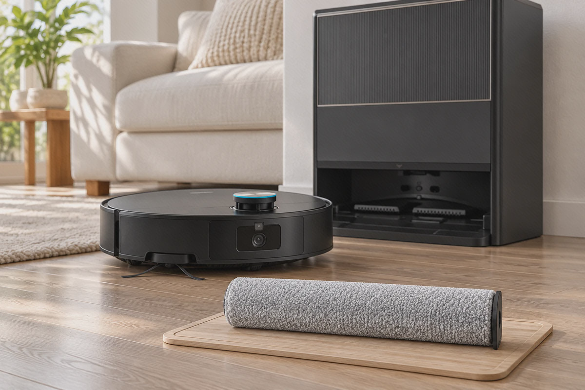 رولر تیکشی دریم Aqua10 Roller کنار دستگاه رولر تی خاکستری دریم Aqua10 کنار جارو رباتیک و ایستگاه مشکی