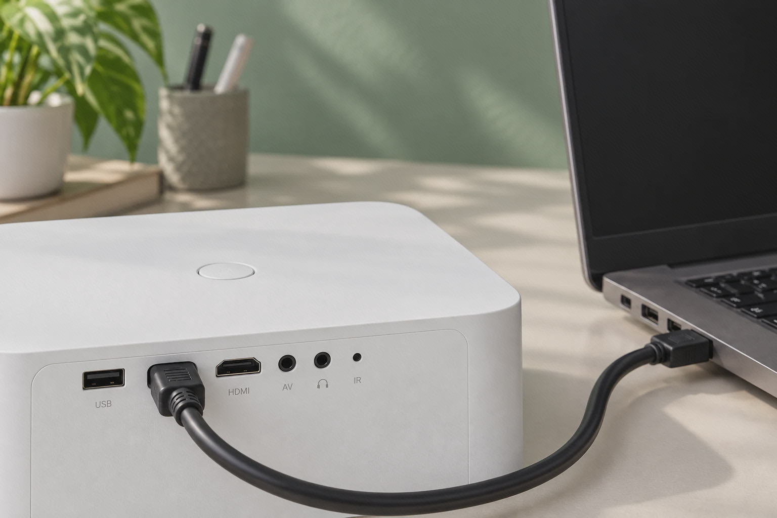 نمای بالای پشت Wanbo X2 Pro با یک کابل HDMI متصل به لپ‌تاپ و دیگر پورت‌های خالی