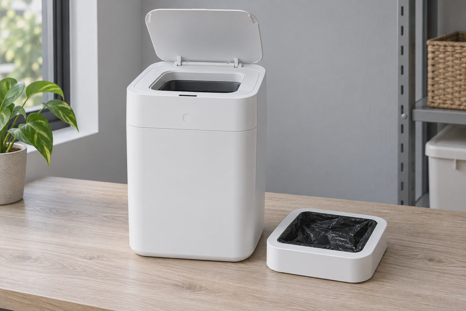 قاب مخصوص کیسه سطل Townew T1 سطل سفید تاونیو T1 با درپوش باز و قاب کیسه در کنار آن