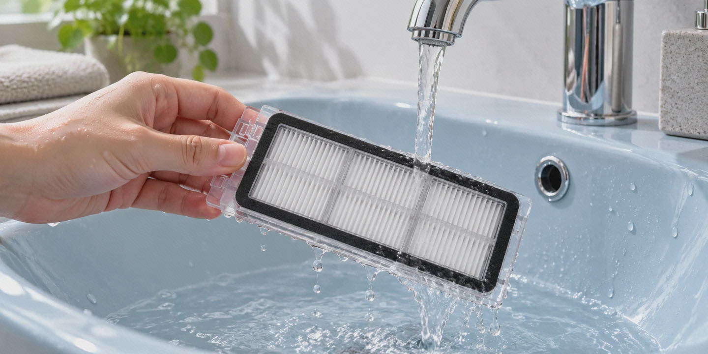 تمیزکردن فیلتر جداشدهٔ H50 آبکشی فیلتر جداشدهٔ شیائومی H50 با گرفتن قاب شفاف و آب تمیز