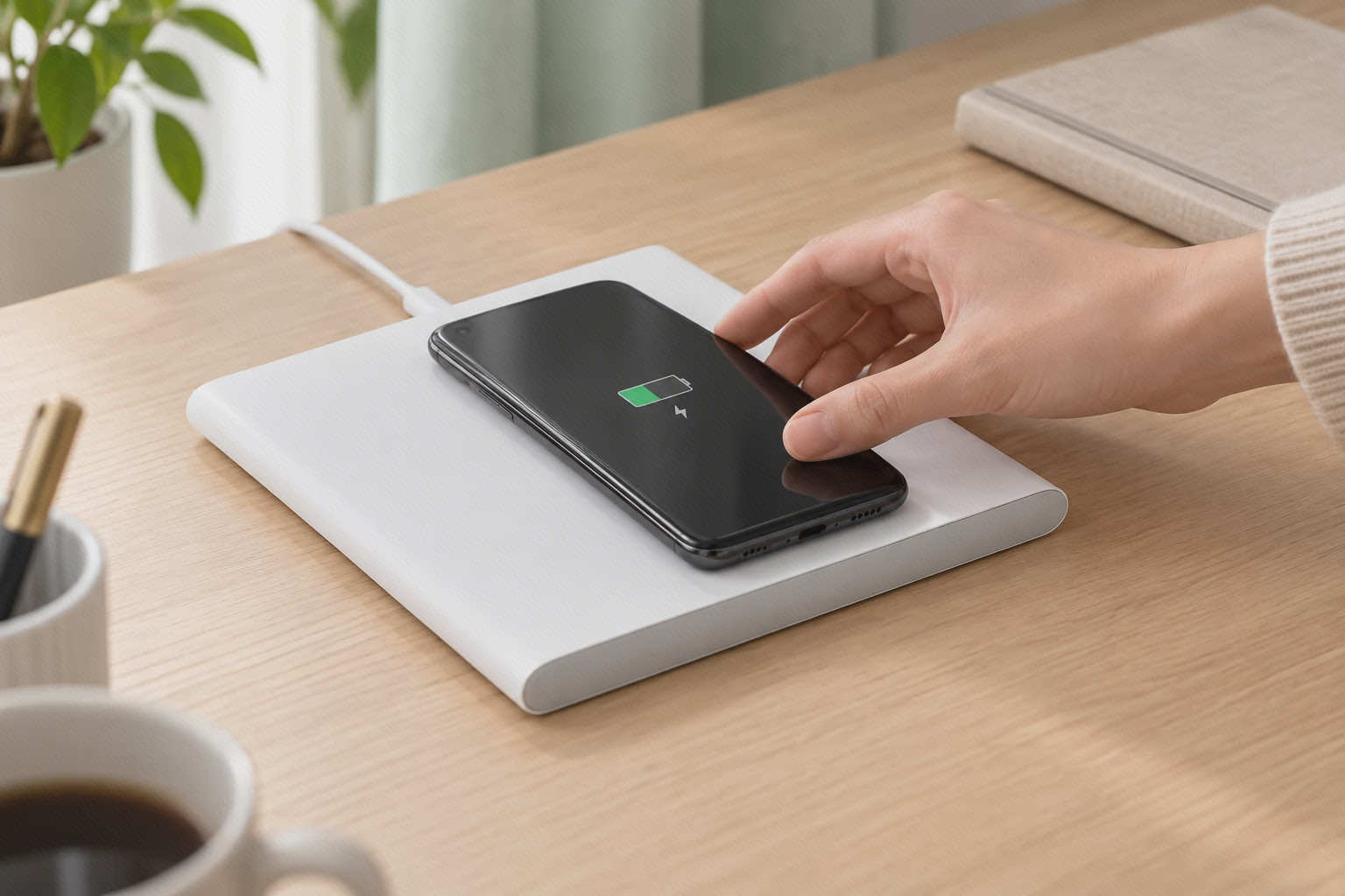 استفاده از پد شارژ بیسیم Xiaomi MDY-12-EE یک گوشی سازگار روی سطح پد شارژ بیسیم هوشمند شیائومی