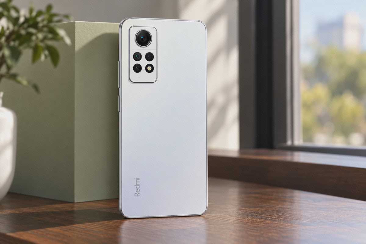 طراحی و دوربین ردمی نوت ۱۲ پرو 4G گوشی سفید Redmi Note 12 Pro 4G از پشت کنار پنجره با قاب عمودی دوربین
