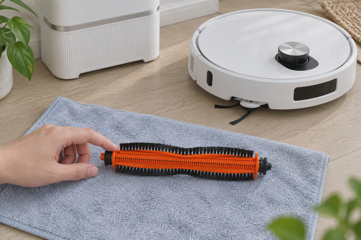 یک دست کنار شانهٔ برس اصلی Vacuum 5 با دستگاه سفید در پس‌زمینه