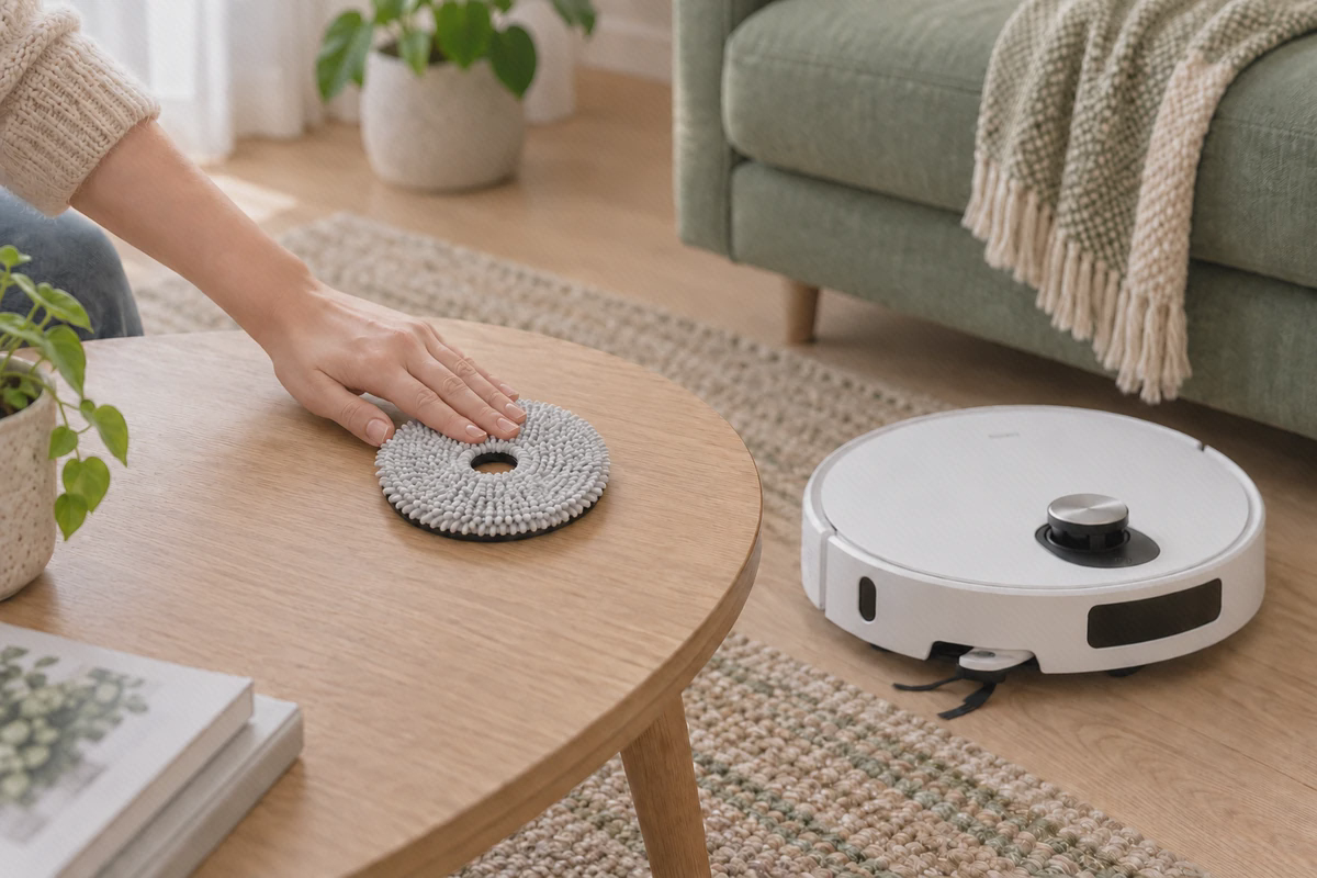 صاف قرار گرفتن پد تی Xiaomi 5 روی نگهدارنده جا زدن پد تی Xiaomi 5 به صورت صاف و وسط پایه، کنار جارو رباتیک