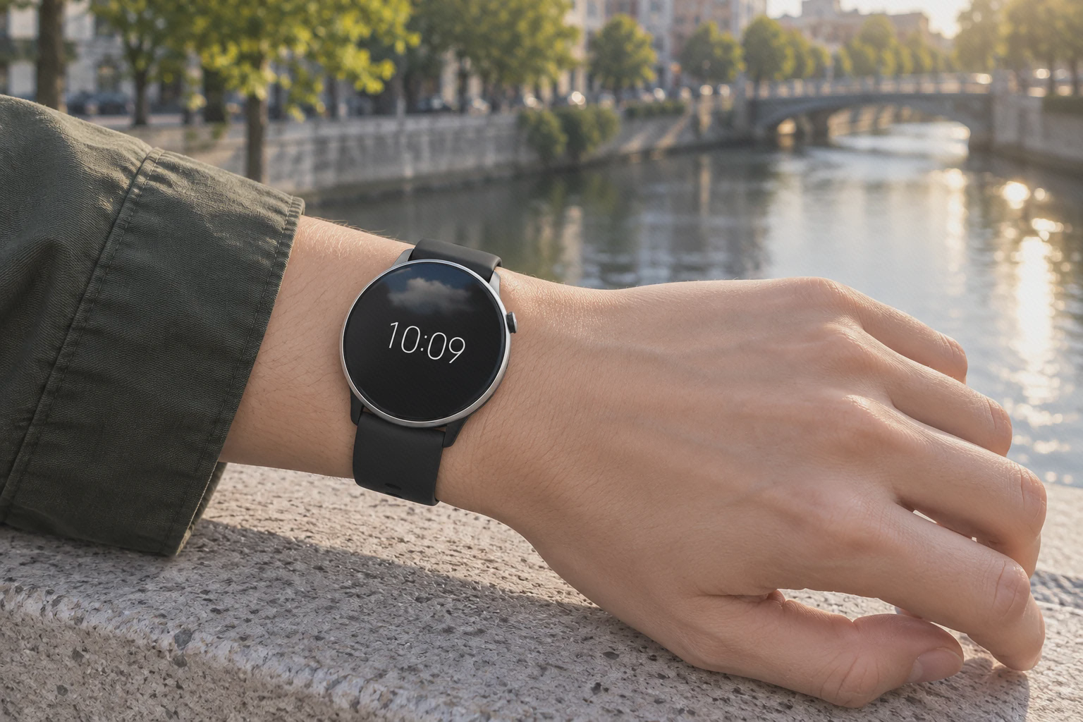 GTR Mini روی مچ کنار پل ساعت گرد مشکی Amazfit GTR Mini روی مچ با آستین سبز کنار پل شهری