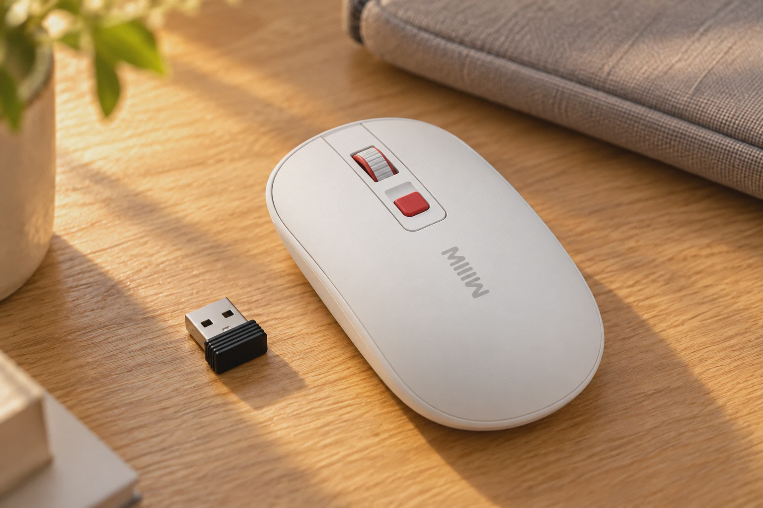 ماوس و گیرندهٔ Miiiw Lite برای جابهجایی ماوس سفید Miiiw Lite MW23M21 و گیرندهٔ USB روی میز کنار کیف لپتاپ