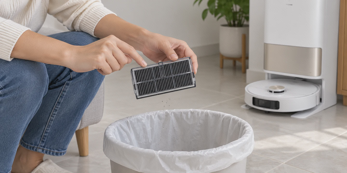 ضربهٔ آرام به لبهٔ قاب فیلتر تیرهٔ Dreame L10s Pro Ultra Heat بالای سطل برای جداشدن گردوغبار