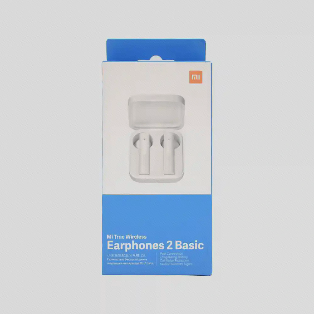 جعبهٔ سفید و آبی با نام Mi True Wireless Earphones 2 Basic و تصویر کیس باز