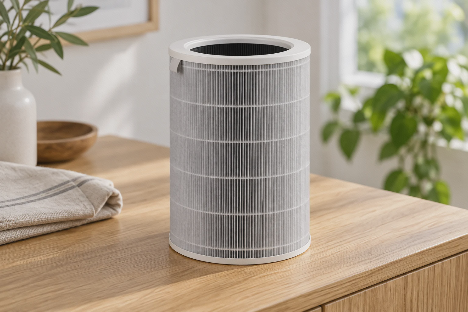فیلتر استوانه‌ای خاکستری Mi Air Purifier Pro با دهانهٔ باز و قاب روشن روی میز چوبی