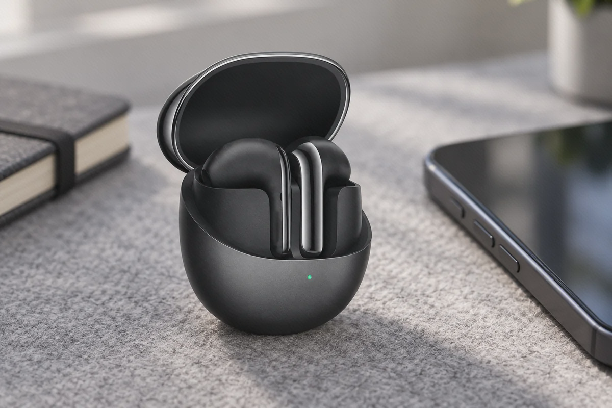 کیس باز مشکی Xiaomi Buds 4 با دو گوشی و ساقه‌های براق در جلوی جایگاه نگهداری روی سطح خاکستری