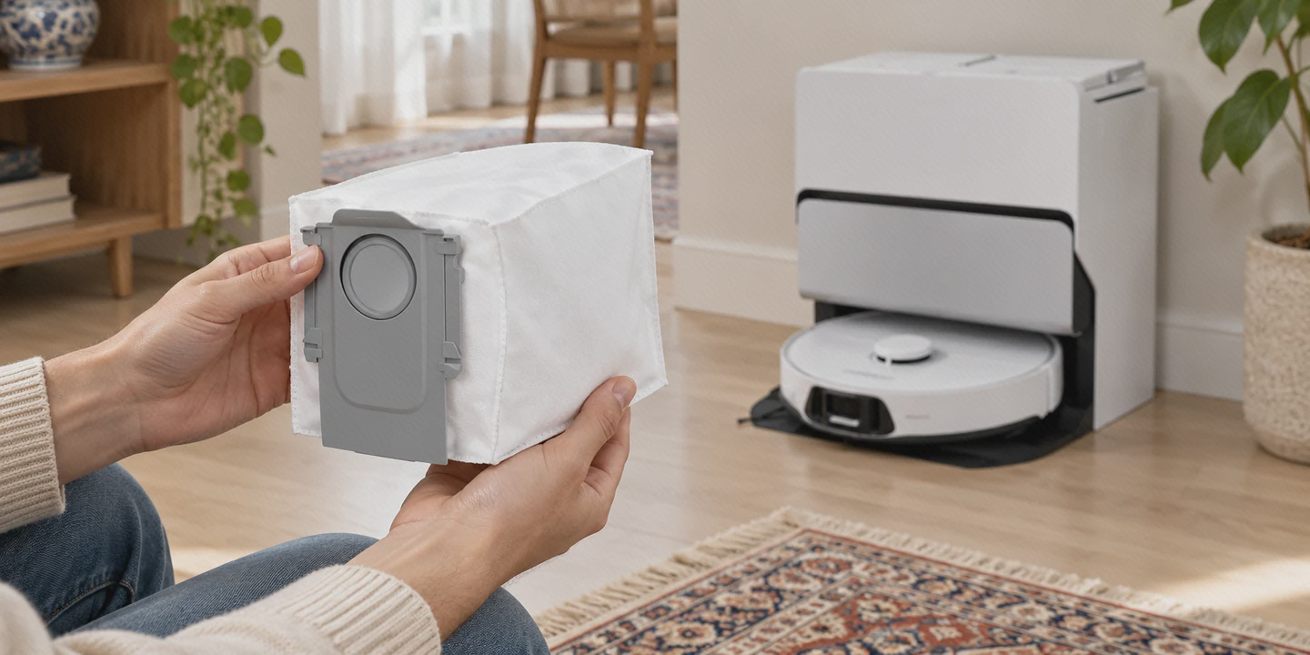 پاکت سفید با قاب خاکستری S8 Max Ultra در دست، کنار جاروی سفید و پایهٔ آن