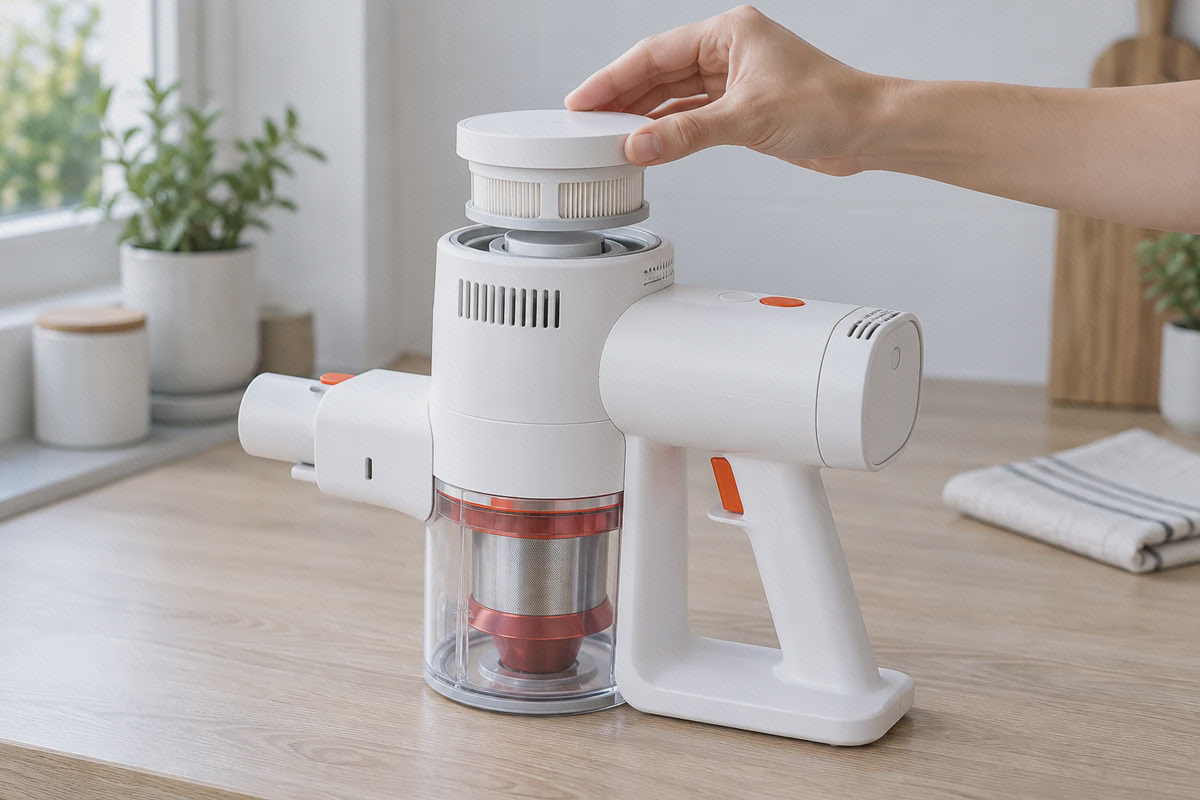 یک دست هنگام جاگذاری فیلتر گرد در بالای بدنه جارو شارژی شیائومی G20 Lite