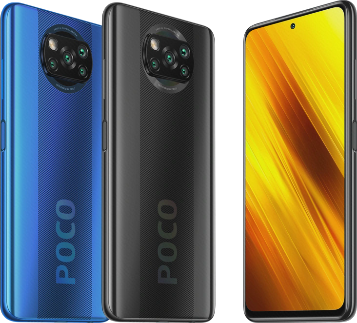 مرجع رسمی نسخهٔ Poco X3 NFC مرجع رسمی گوشی Poco X3 NFC با نمای جلو دارای دوربین مرکزی و پشت آبی و مشکی