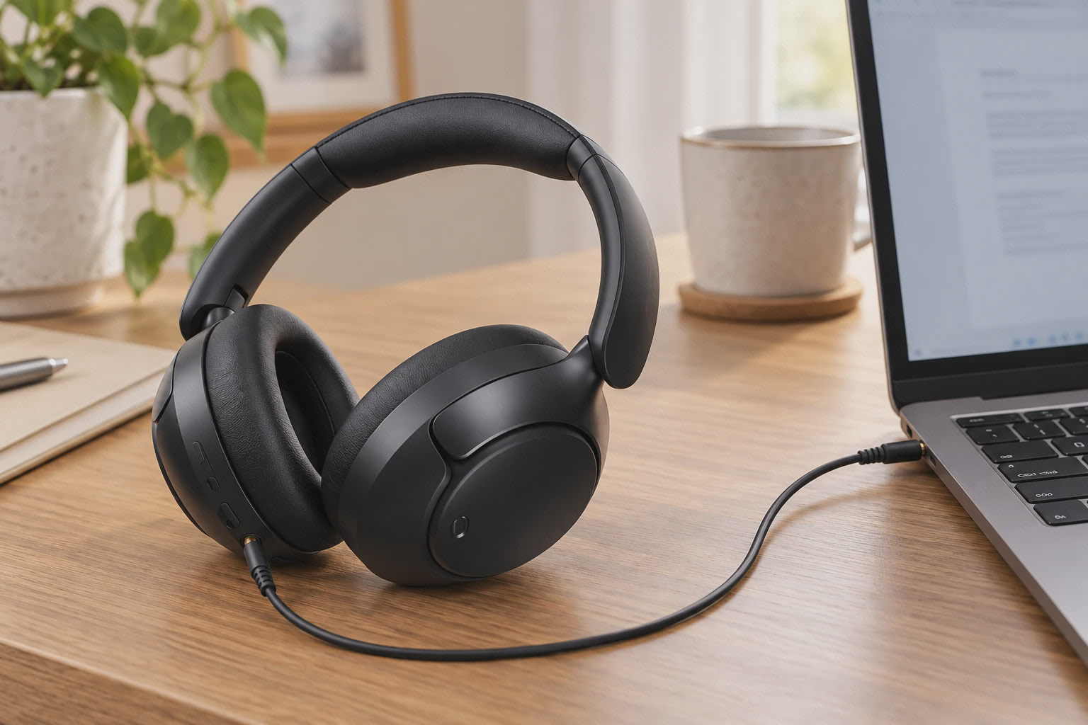 هدفون مشکی QCY H3 Pro متصل به خروجی صدای لپ‌تاپ با کابل ۳٫۵ میلی‌متری
