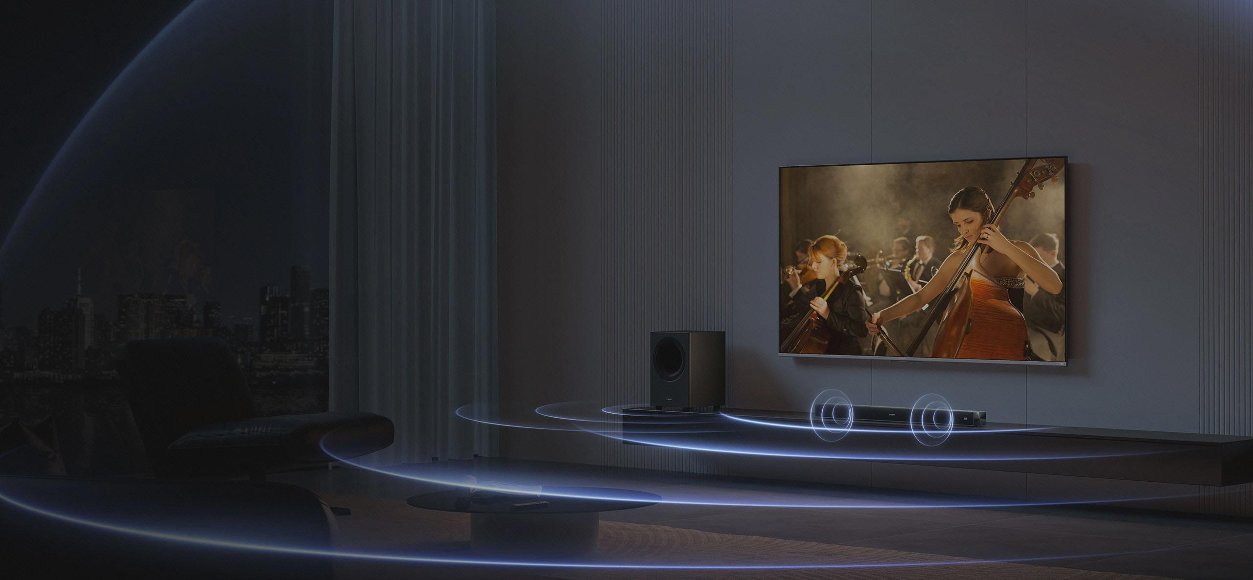 تصویر رسمی Soundbar Pro 2.1 زیر تلویزیون با ساب‌ووفر جدا و حلقه‌های گرافیکی آبیِ صدا