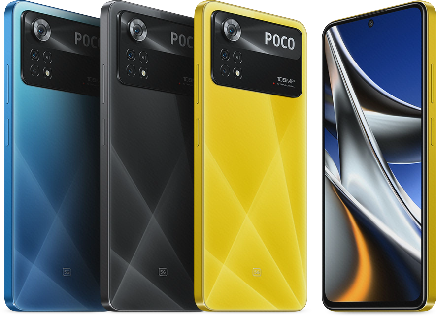 تصویر رسمی POCO X4 Pro 5G با دوربین سلفی مرکزی و نمای پشت گوشی در سه رنگ