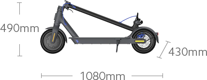 نمودار رسمی Mi Electric Scooter 3 مشکی و آبی در حالت تاشده با اندازه‌های 1080 و 490 و 430 میلی‌متر
