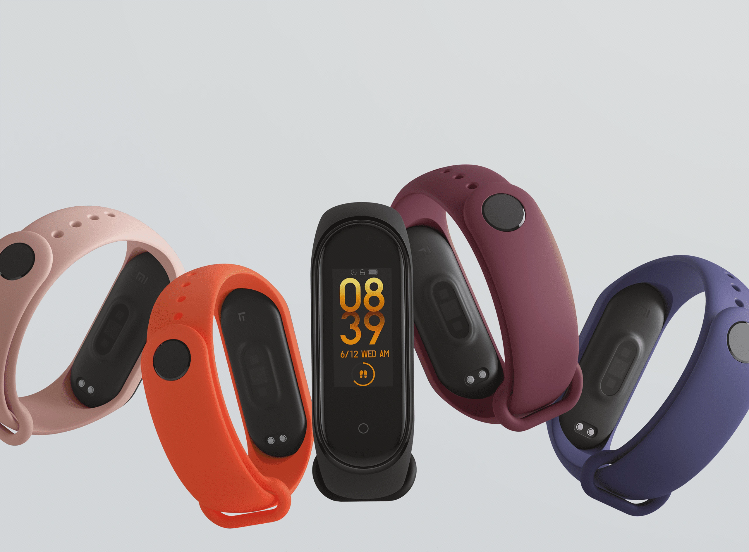 مرجع دستگاه سازگار Mi Band 4 تصویر رسمی Mi Smart Band 4 با نمای نمایشگر و پشت کپسول در بندهای رنگی اصلی
