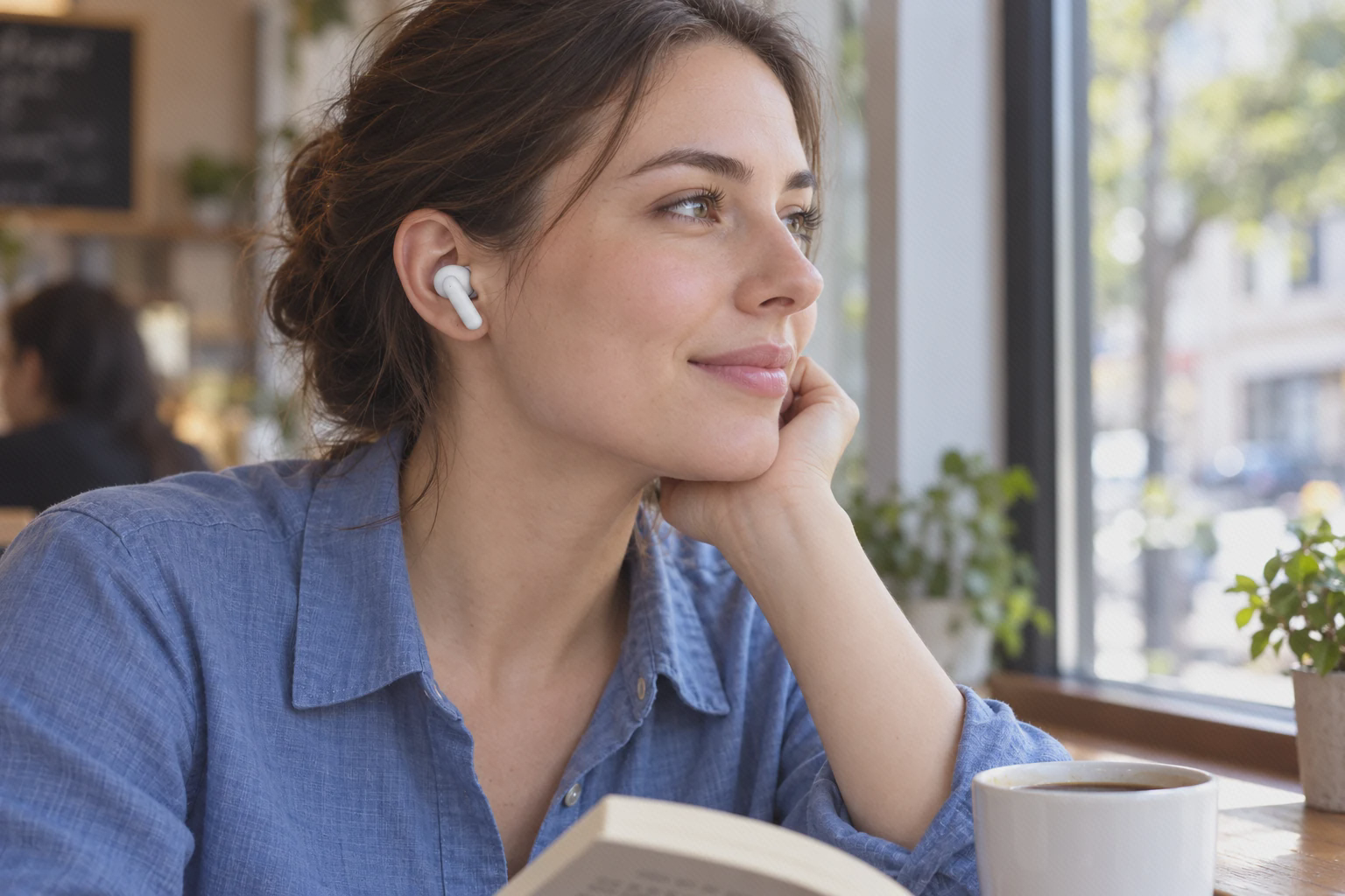 استفاده از هندزفری سفید QCY MeloBuds N30 در کافه
