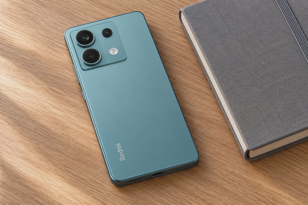 پشت گوشی Redmi Note 13 Pro 5G سبزآبی با قاب دوربین مربعی روی میز چوبی