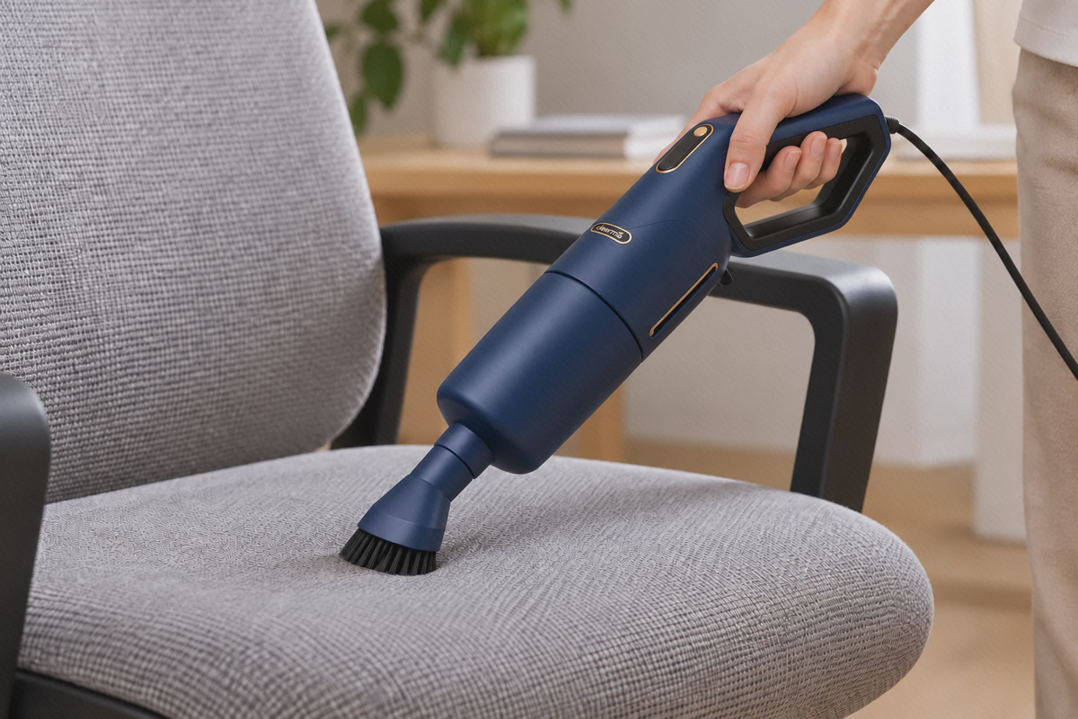 سری برسدار DX1000 در حالت دستی جارو دستی سرمهای Deerma DX1000 با برس کوچک روی صندلی پارچهای