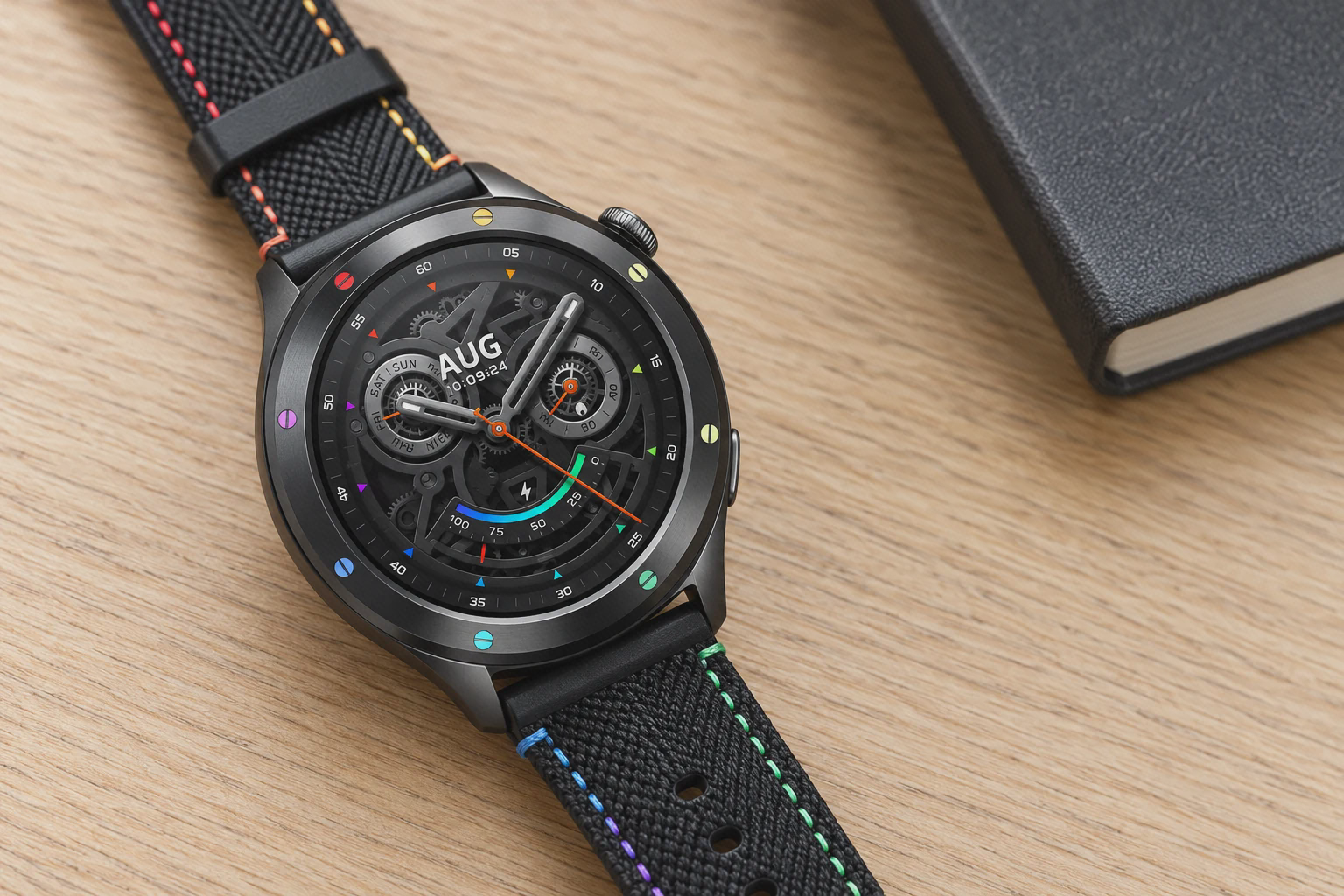 نمای نزدیک بزل Rainbow و تاج ساعت Xiaomi Watch S4 روی میز چوبی