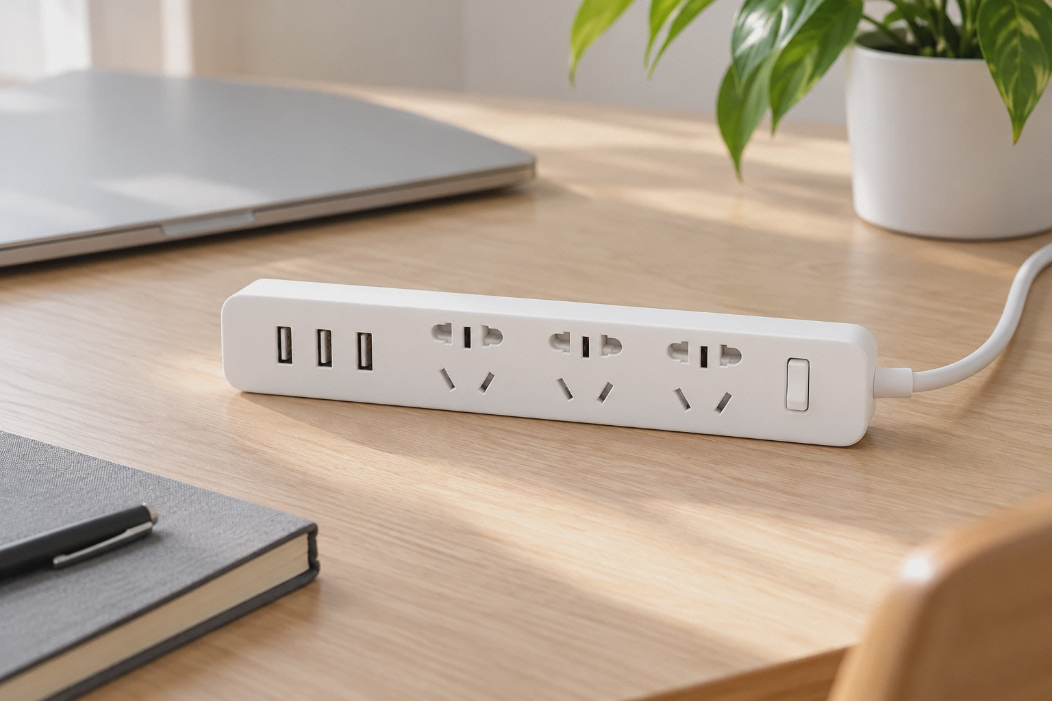 چندراهی سفید XMCXB01QM با سه پریز و سه USB کنار لپتاپ روی میز چندراهی سفید XMCXB01QM با سه پریز و سه USB کنار لپتاپ روی میز