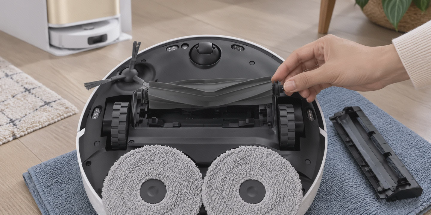 برس اصلی سیلیکونی Dreame L10s Pro Ultra Heat در محفظهٔ زیر جارو بیرون آوردن برس سیلیکونی خاکستری از محفظهٔ زیر جاروی سفید Dreame L10s Pro Ultra Heat روی پارچهٔ نرم