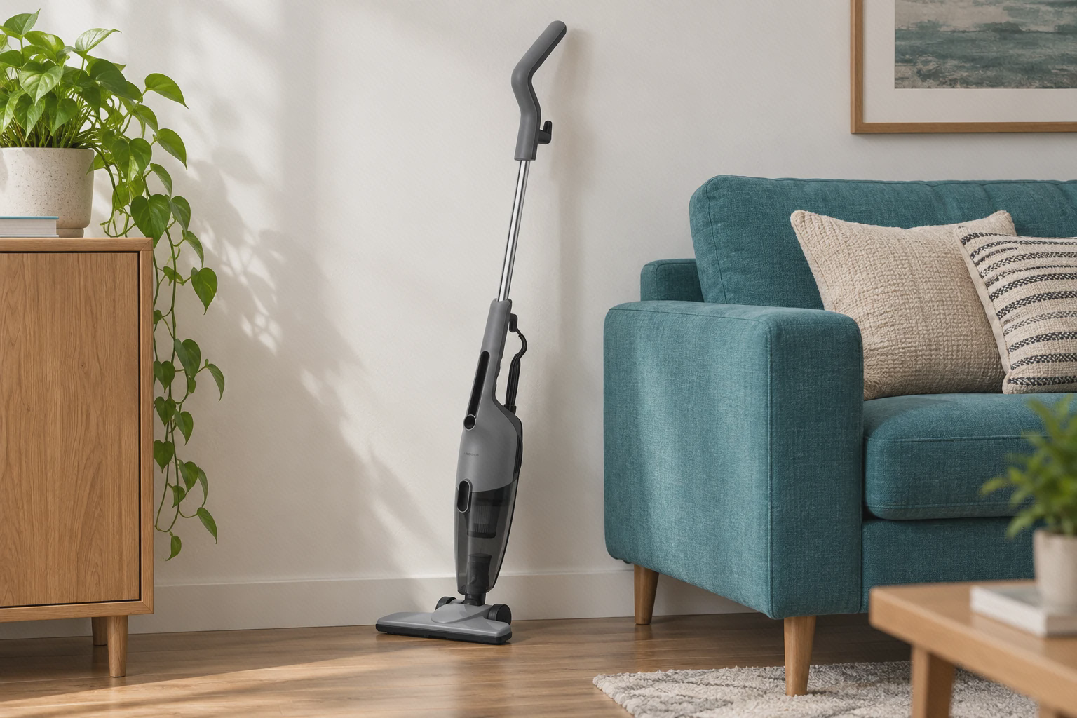جارو ایستادهٔ خاکستری Deerma DX120C کنار مبل