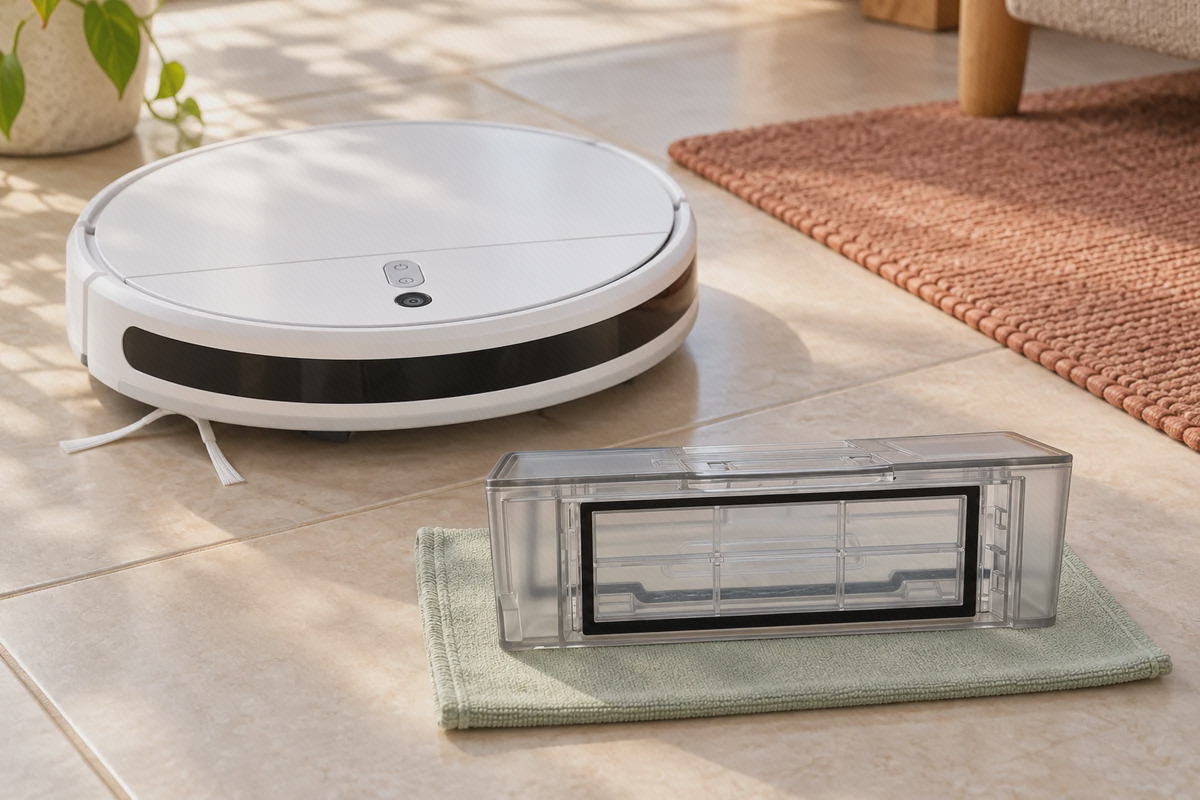 مخزن زبالهٔ شیائومی Mop 2 Lite بدون فیلتر مخزن شفاف زبالهٔ Mop 2 Lite با محل فیلتر خالی، کنار جارو رباتیک سفید شیائومی