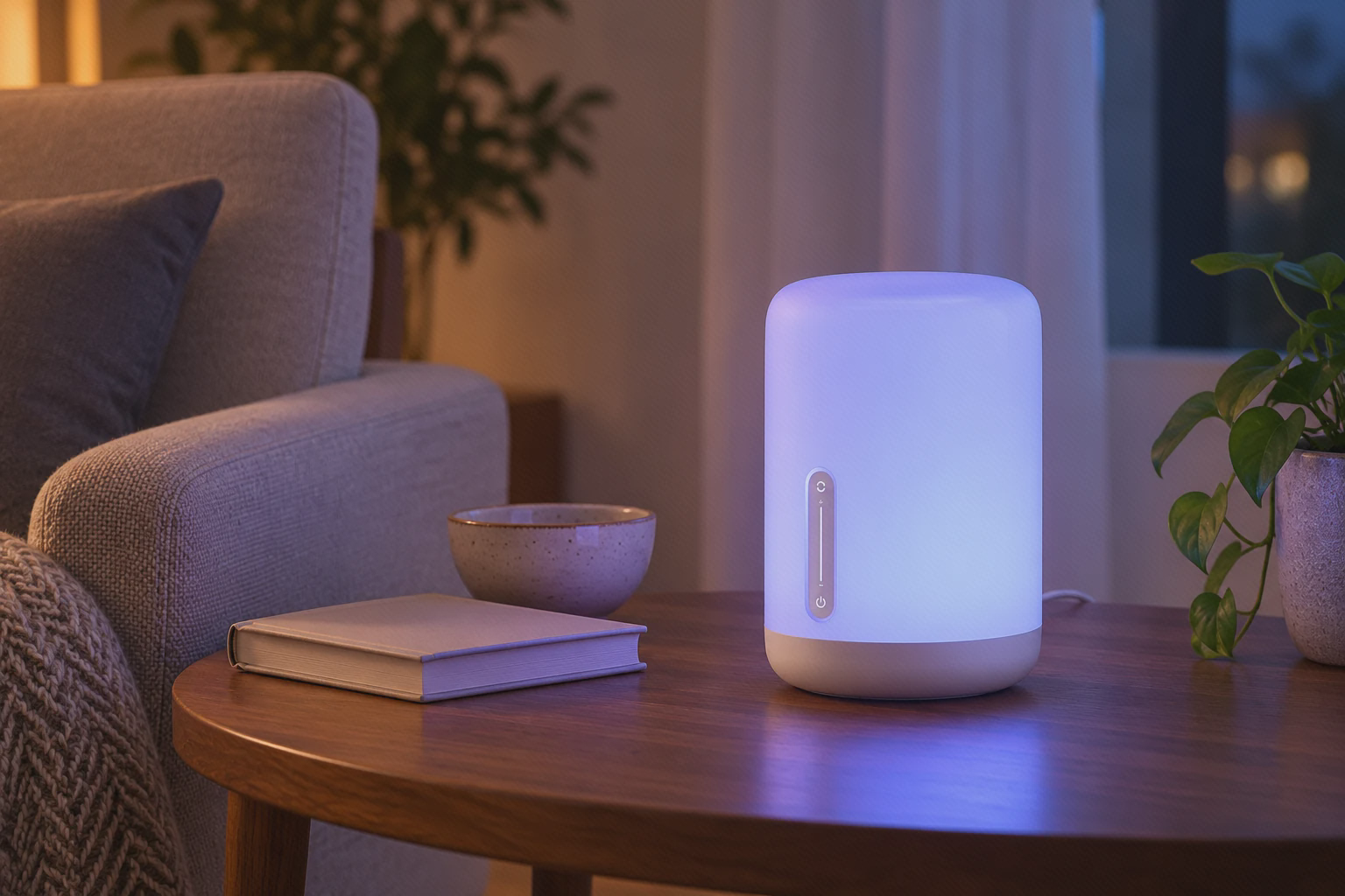 چراغ Bedside Lamp 2 با نور آبی‌بنفش و سیم برق در پشت، روی میز کنار مبل