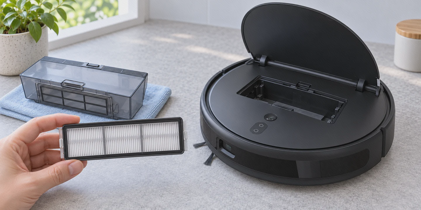 فیلتر مخزن شیائومی Mop 2 Pro Plus کنار جارو و مخزن فیلتر قابتیره Mop 2 Pro Plus در دست، کنار مخزن بیرونآوردهشده و جاروی مشکی با درِ باز