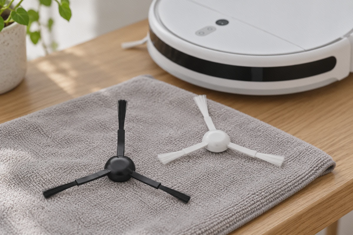 برس‌های کناری سه‌شاخهٔ مشکی و سفید روی پارچهٔ خاکستری کنار جارو واقعی Xiaomi Mop 2