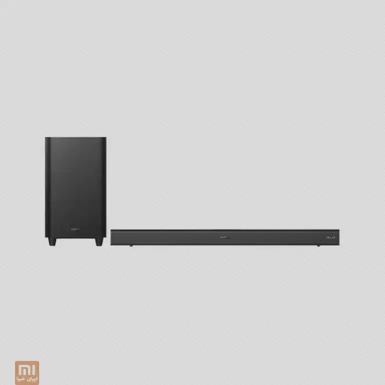 ساندبار مشکی Xiaomi S26 و ساب‌ووفر جدا در کنار هم روی زمینهٔ روشن