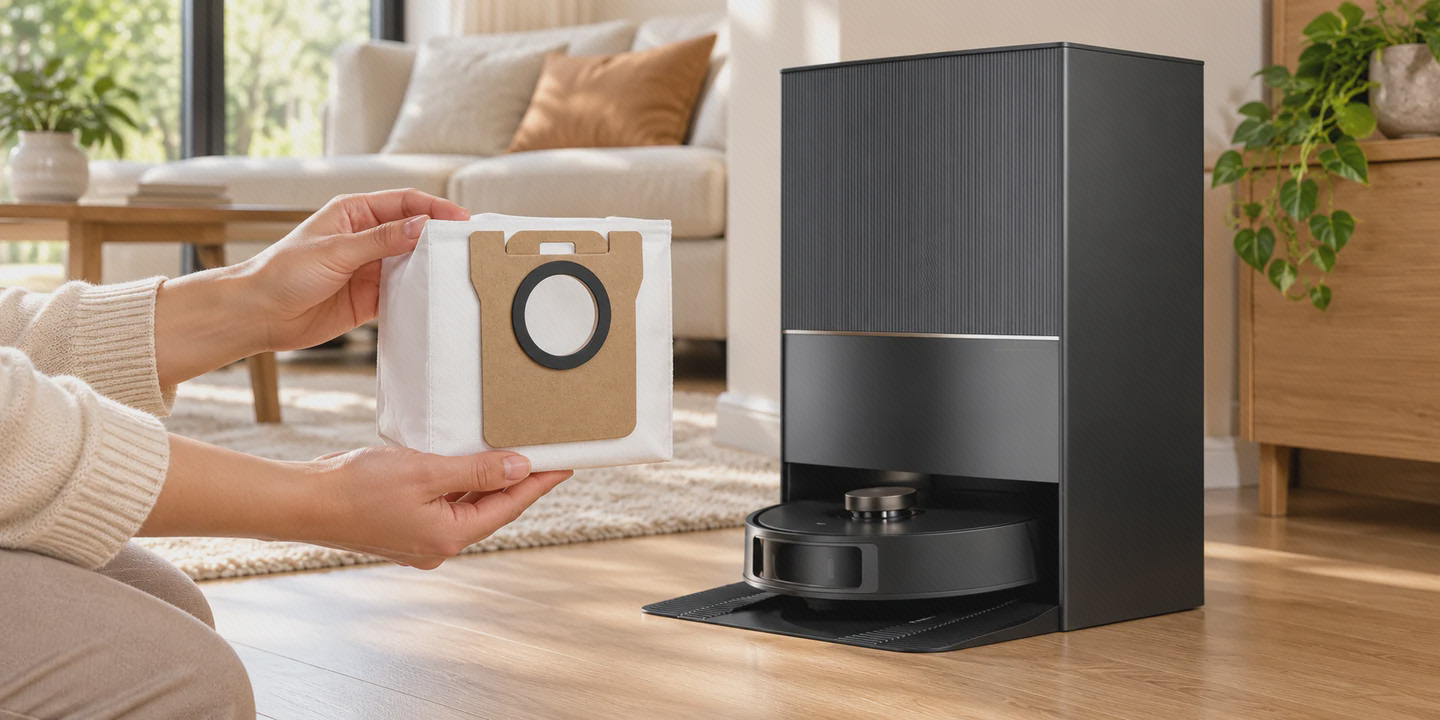 پاکت پایهٔ تخلیهٔ دریم L30 Ultra پاکت سفید L30 Ultra با صفحهٔ مقوایی قهوهای و حلقهٔ مشکی، کنار پایهٔ جارو
