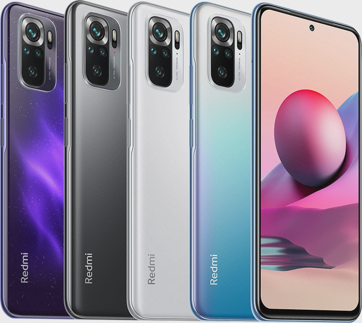نمای رسمی جلو و پشت گوشی Redmi Note 10S با مجموعهٔ دوربین در گوشهٔ بالا