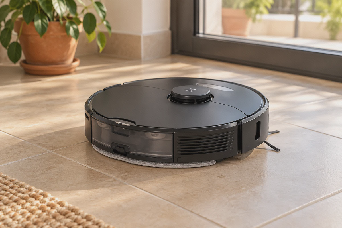 پد تی Roborock S7 MaxV هنگام تیکشی پد تخت خاکستری زیر عقب جارو مشکی Roborock S7 MaxV روی سرامیک