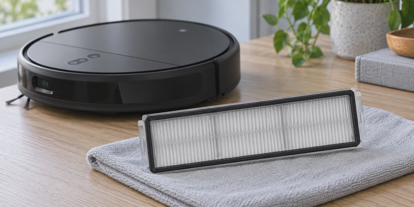جزئیات فیلتر جارو رباتیک Mop 2 Pro Plus قاب تیره و چینهای سفید فیلتر Mop 2 Pro Plus روی پارچه، کنار خود جارو