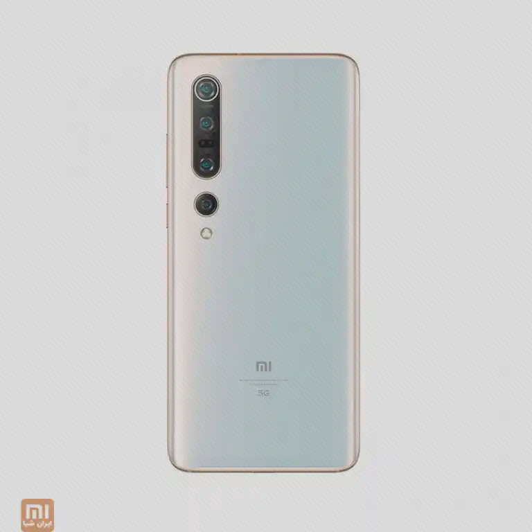 دوربینهای Mi 10 Pro پشت سفید Mi 10 Pro با دوربینهای عمودی، بخش جداگانهٔ دوربین پایین و فلش