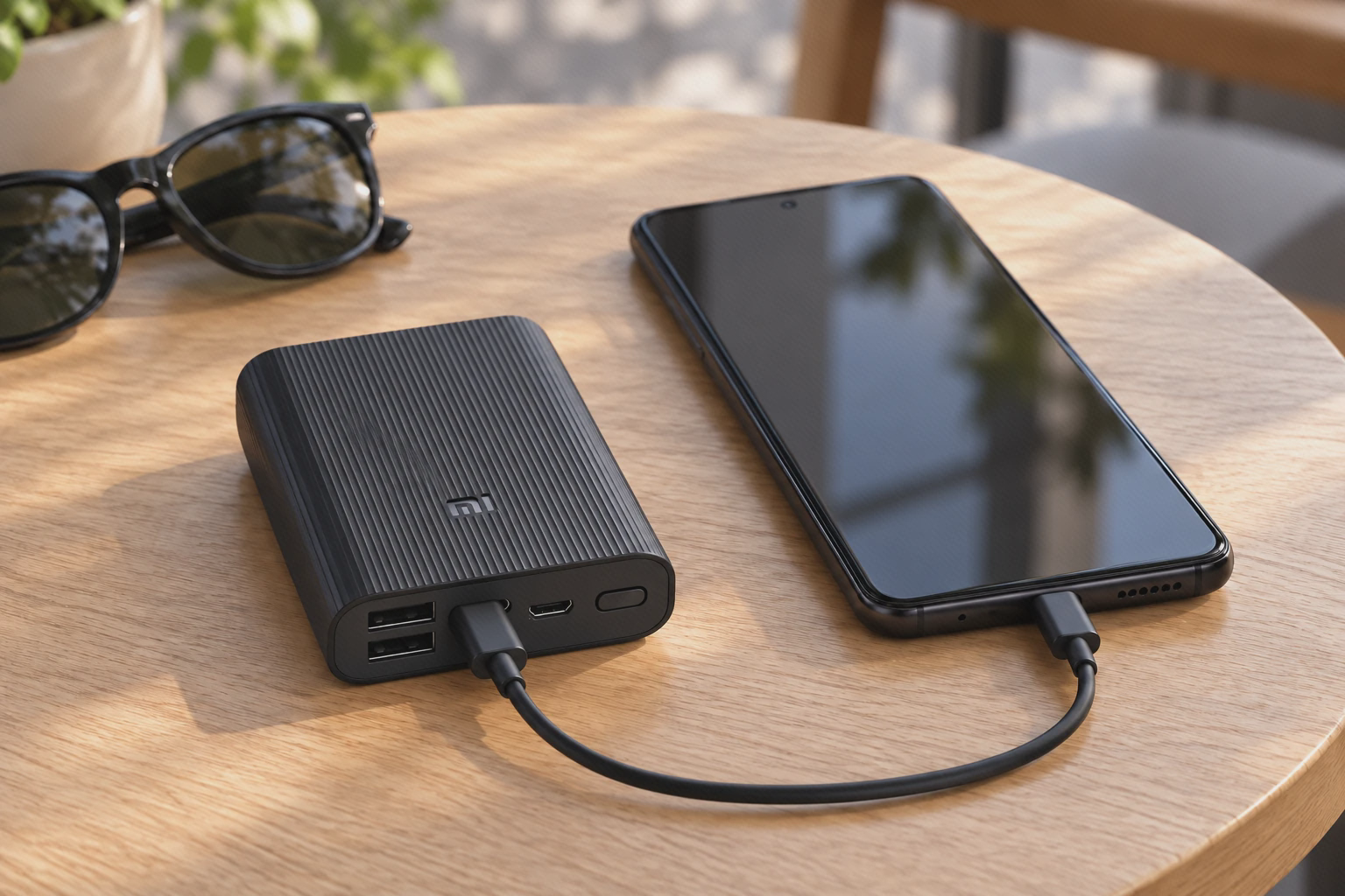 پاوربانک مشکی Mi Power Bank 3 Ultra Compact کنار گوشی روی میز