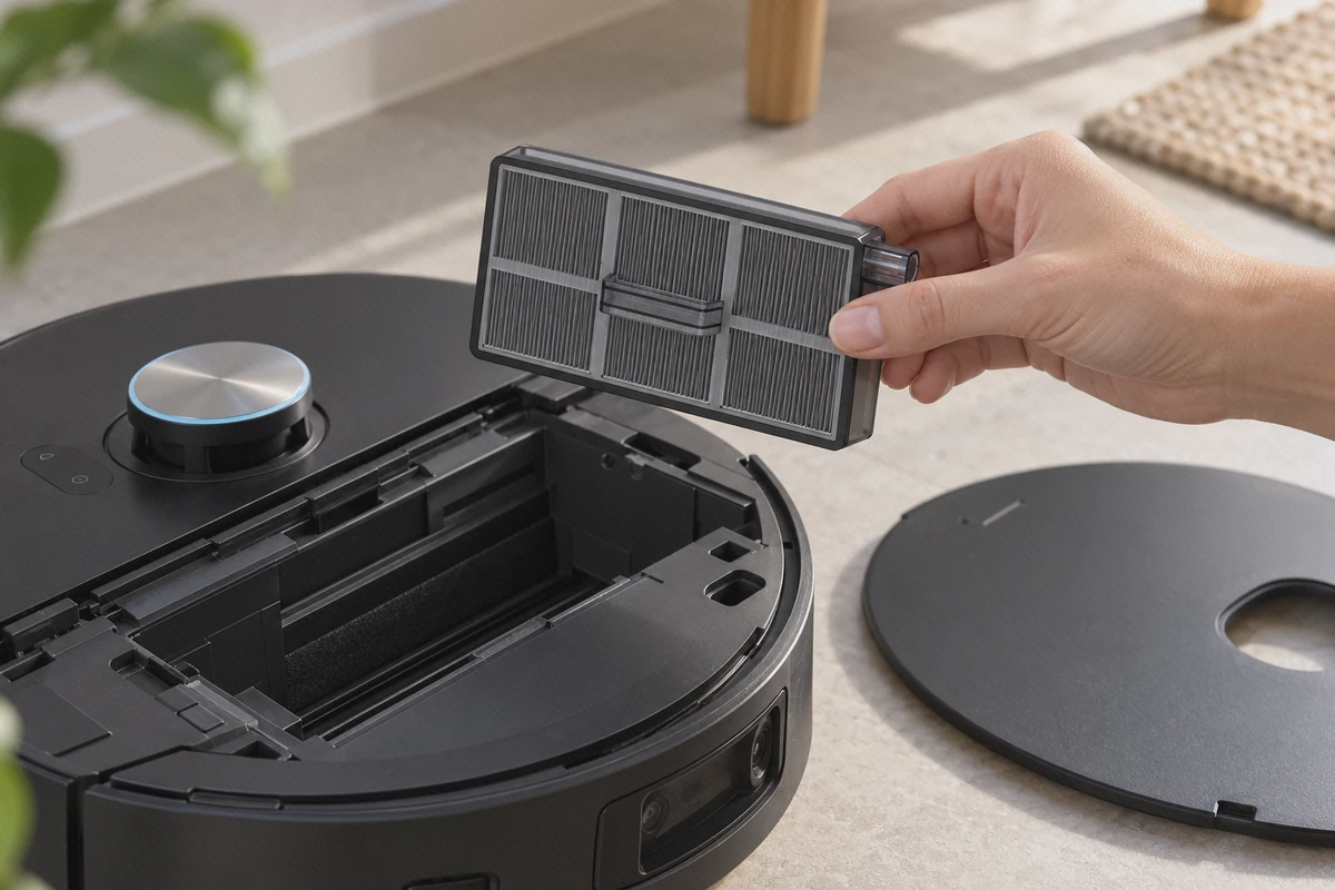 فیلتر قابدار Aqua10 Roller کنار جارو فیلتر مخزن Aqua10 Roller در دست، کنار محفظه باز جارو دریم