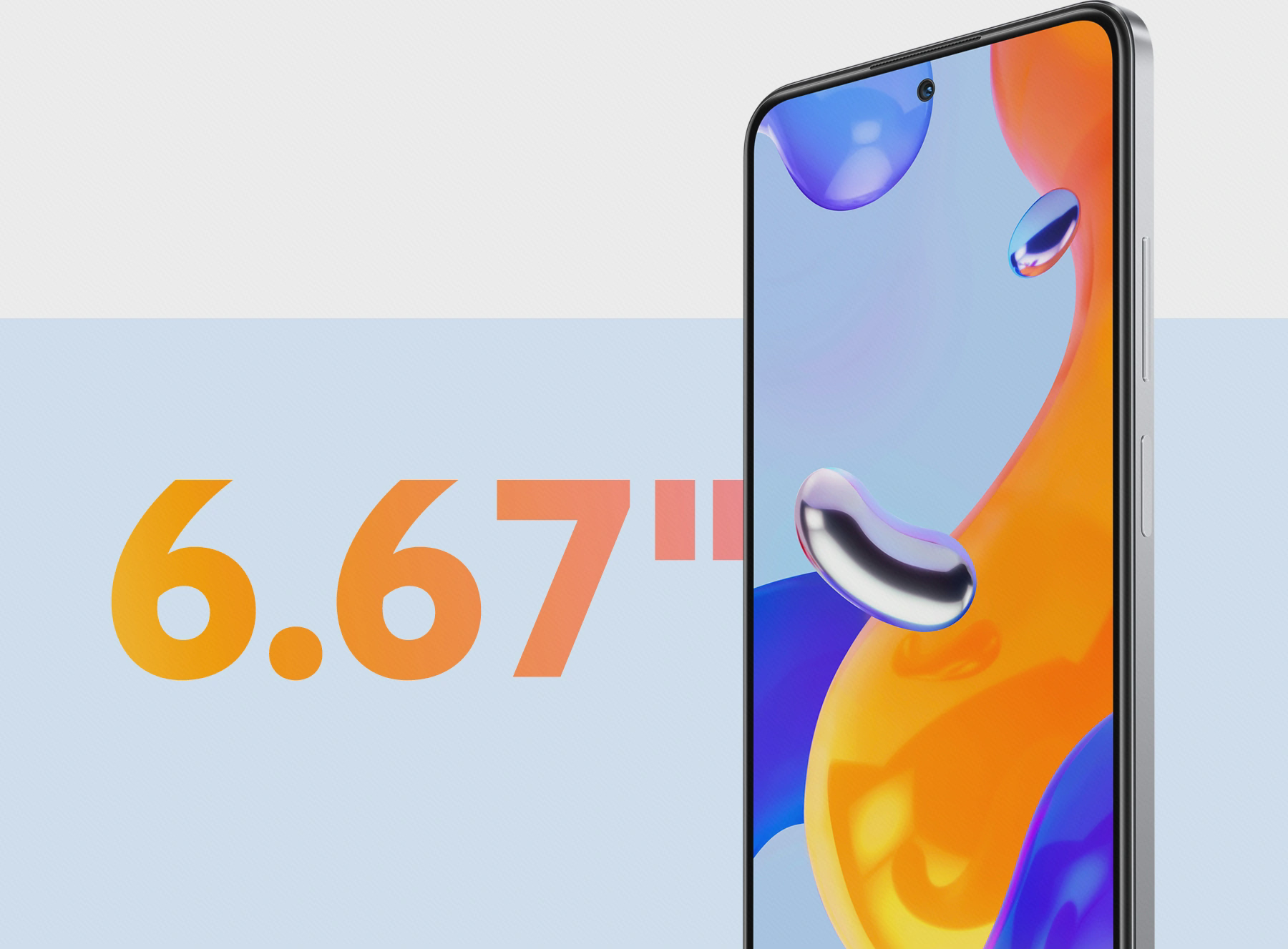 نمایشگر گوشی سازگار Redmi Note 11 Pro نمای رسمی نمایشگر Redmi Note 11 Pro با دوربین سلفی حفرهای و نوشتهٔ ۶٫۶۷ اینچ
