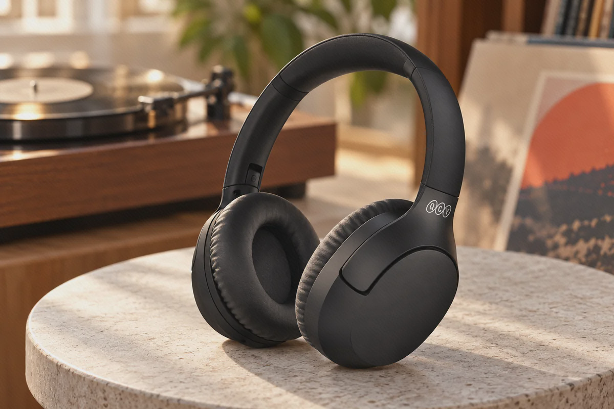 هدفون مشکی QCY H2 Pro روی میز گرد در گوشهٔ موسیقی خانه